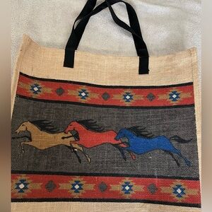 NWOT Horse Moif Womens Large Burlap Tote Bag